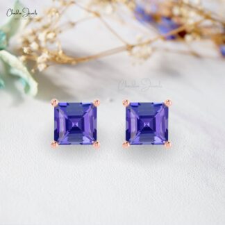 Square-Cut Tanzanite Dainty Studs 14k Solid Gold Fine Jewelry 4mm December Birthstone Earrings