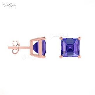 Square-Cut Tanzanite Dainty Studs 14k Solid Gold Fine Jewelry 4mm December Birthstone Earrings