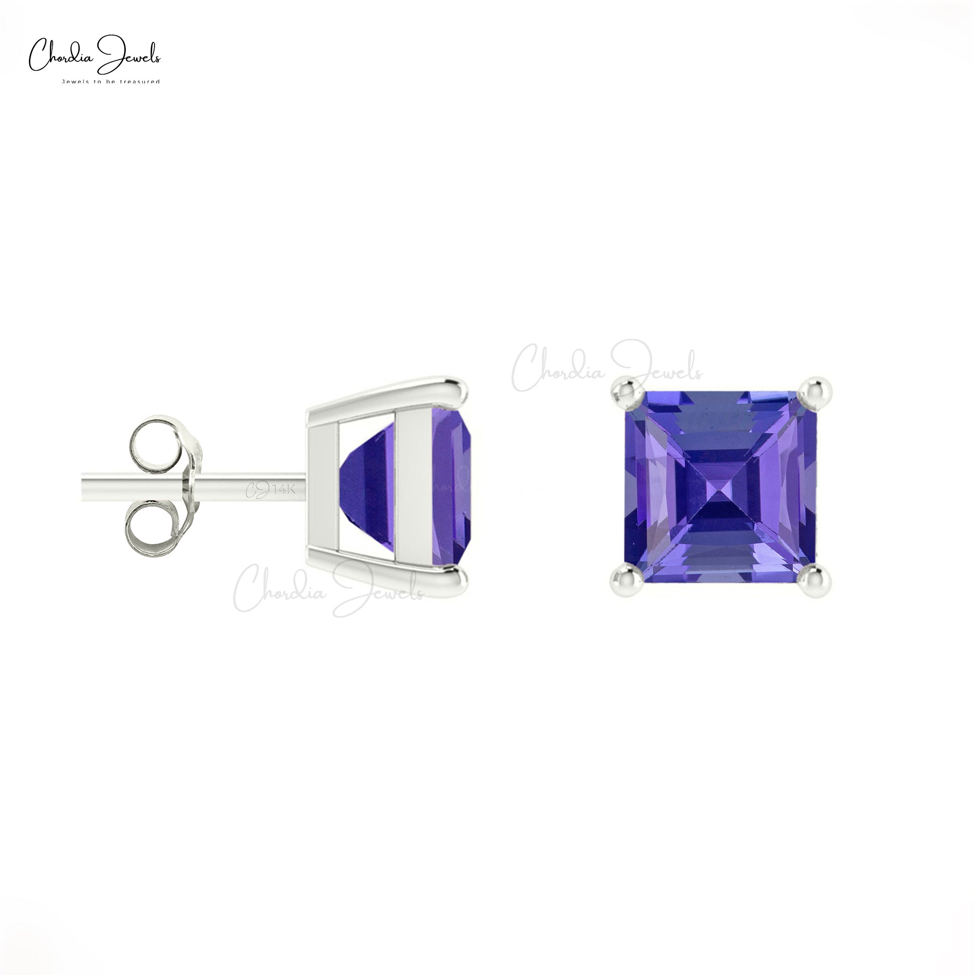 Square-Cut Tanzanite Dainty Studs 14k Solid Gold Fine Jewelry 4mm December Birthstone Earrings