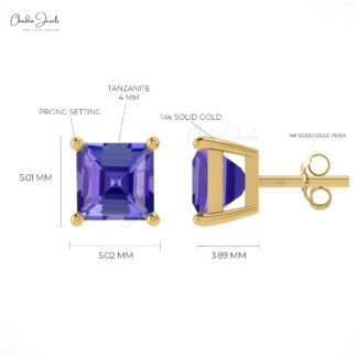 Square-Cut Tanzanite Dainty Studs 14k Solid Gold Fine Jewelry 4mm December Birthstone Earrings