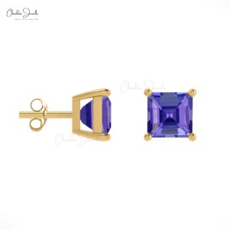 Square-Cut Tanzanite Dainty Studs 14k Solid Gold Fine Jewelry 4mm December Birthstone Earrings