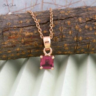 Solitaire Square Cut Pendant in 14k Rose Gold Pink Tourmaline 4mm Gemstone Necklace