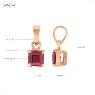 Solitaire Square Cut Pendant in 14k Rose Gold Pink Tourmaline 4mm Gemstone Necklace