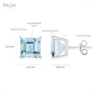 Natural 4mm Aquamarine Gemstone Square Studs 14k Solid Gold Solitaire Earrings For Women
