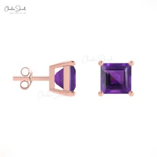 Purple Amethyst February Birthstone Studs 14k Real Gold 4mm Square Cut Natural Gemstone Minimal Earrings For Women’s