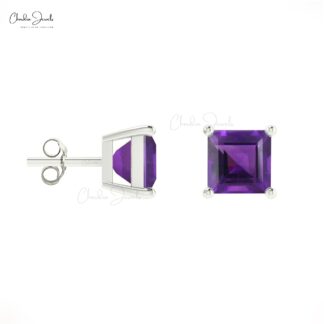 Purple Amethyst February Birthstone Studs 14k Real Gold 4mm Square Cut Natural Gemstone Minimal Earrings For Women's