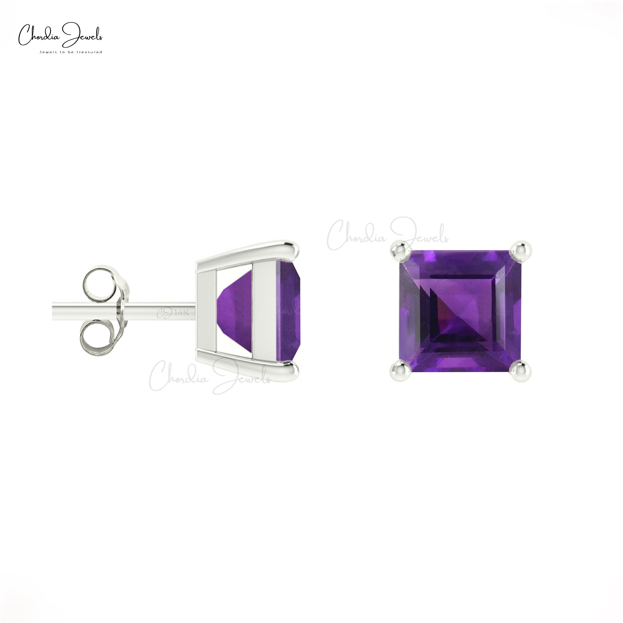 Purple Amethyst February Birthstone Studs 14k Real Gold 4mm Square Cut Natural Gemstone Minimal Earrings For Women’s