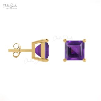 Purple Amethyst February Birthstone Studs 14k Real Gold 4mm Square Cut Natural Gemstone Minimal Earrings For Women’s