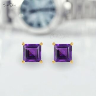 Purple Amethyst February Birthstone Studs 14k Real Gold 4mm Square Cut Natural Gemstone Minimal Earrings For Women’s