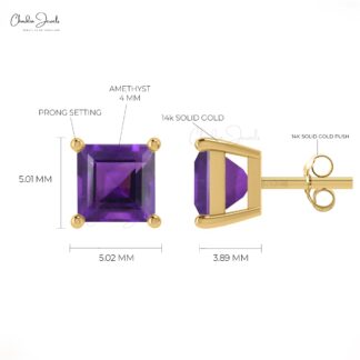 Purple Amethyst February Birthstone Studs 14k Real Gold 4mm Square Cut Natural Gemstone Minimal Earrings For Women’s
