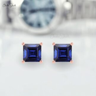 Solid 14k Gold Dainty Studs Genuine 0.7ct Blue Sapphire Solitaire Earrings For Gift