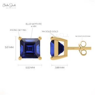 Solid 14k Gold Dainty Studs Genuine 0.7ct Blue Sapphire Solitaire Earrings For Gift