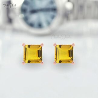 Authentic Citrine 4mm Square Cut 0.7 Ct Gemstone Stud Earring For Anniversary Gift 14k Solid Gold November Birthstone 4-Prong Set Minimalist Jewelry