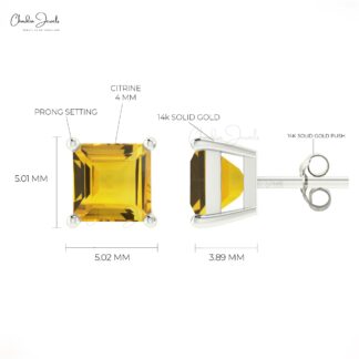 Authentic Citrine 4mm Square Cut 0.7 Ct Gemstone Stud Earring For Anniversary Gift 14k Solid Gold November Birthstone 4-Prong Set Minimalist Jewelry