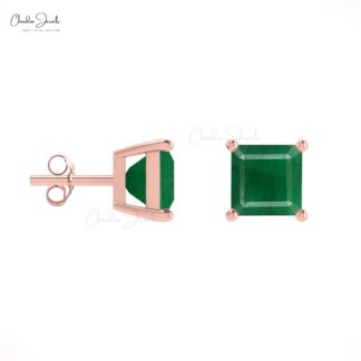 Elegant 0.7Ct Emerald Gemstone 14k Gold Square Studs Earrings
