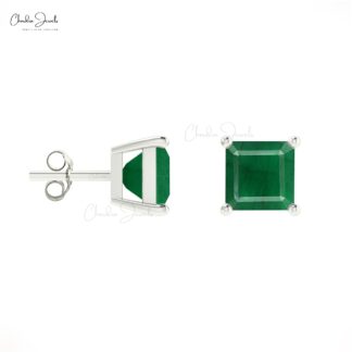 Elegant 0.7Ct Emerald Gemstone 14k Gold Square Studs Earrings