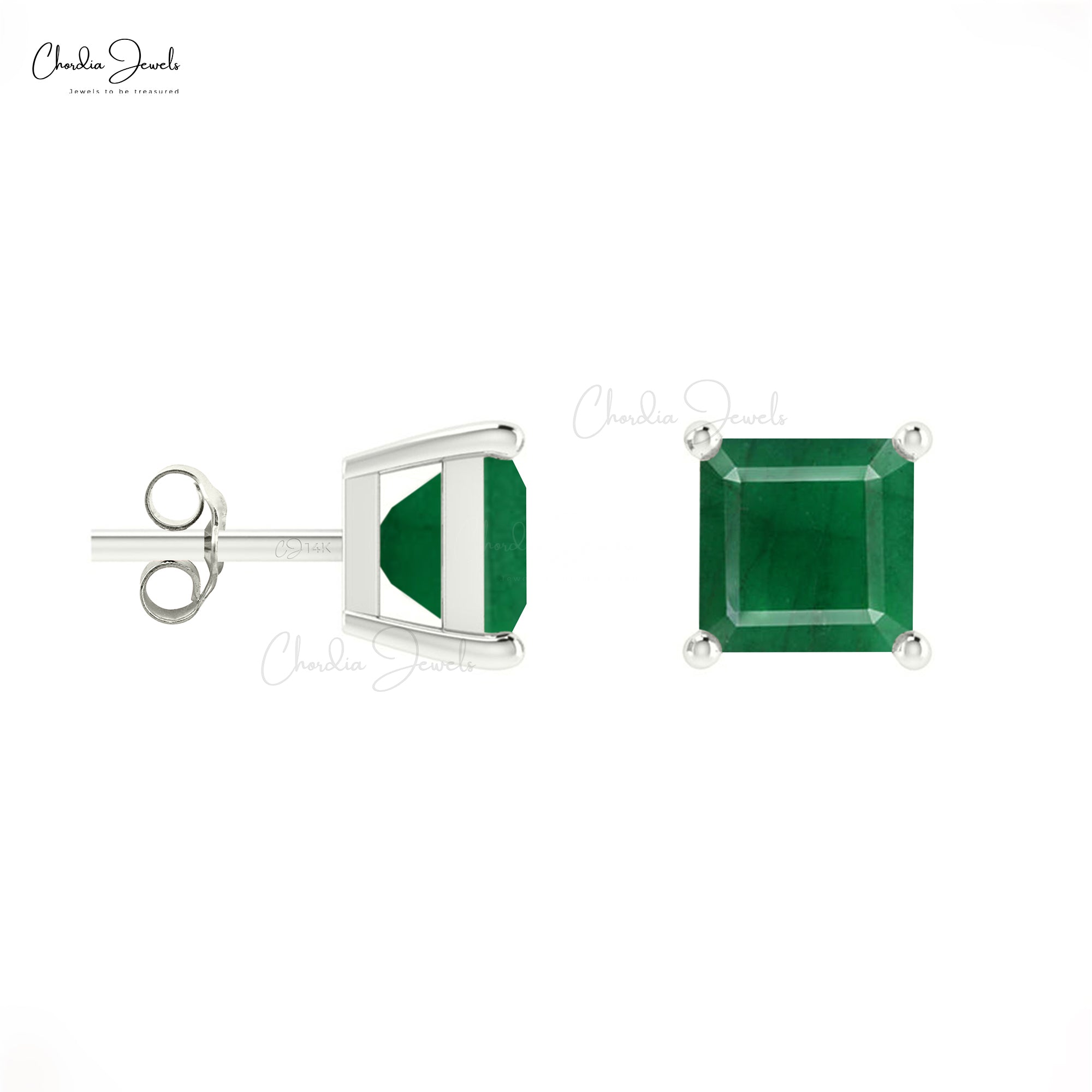 Elegant 0.7Ct Emerald Gemstone 14k Gold Square Studs Earrings