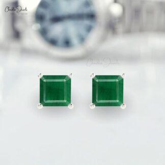 Elegant 0.7Ct Emerald Gemstone 14k Gold Square Studs Earrings