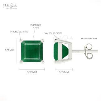 Elegant 0.7Ct Emerald Gemstone 14k Gold Square Studs Earrings