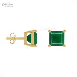 Elegant 0.7Ct Emerald Gemstone 14k Gold Square Studs Earrings