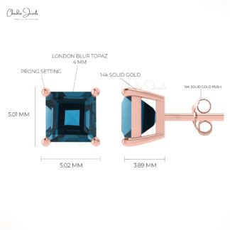 AAA Quality 4mm Square Cut Natural London Blue Topaz Studs 14k Solid Gold December Birthstone Gemstone Stud Earrings Hallmarked Jewelry For Women