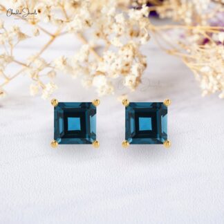 AAA Quality 4mm Square Cut Natural London Blue Topaz Studs 14k Solid Gold December Birthstone Gemstone Stud Earrings Hallmarked Jewelry For Women