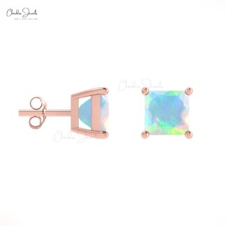 Natural Opal Solitaire Square Studs in 14k Solid Gold Handcrafted Dainty Earrings For Gift