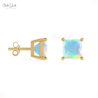 Natural Opal Solitaire Square Studs in 14k Solid Gold Handcrafted Dainty Earrings For Gift
