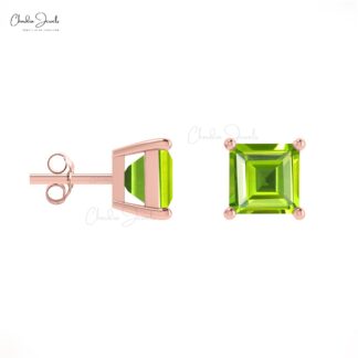 14k Solid Gold Gemstone Earrings Natural Peridot 4mm Square Cut Stud Earrrings