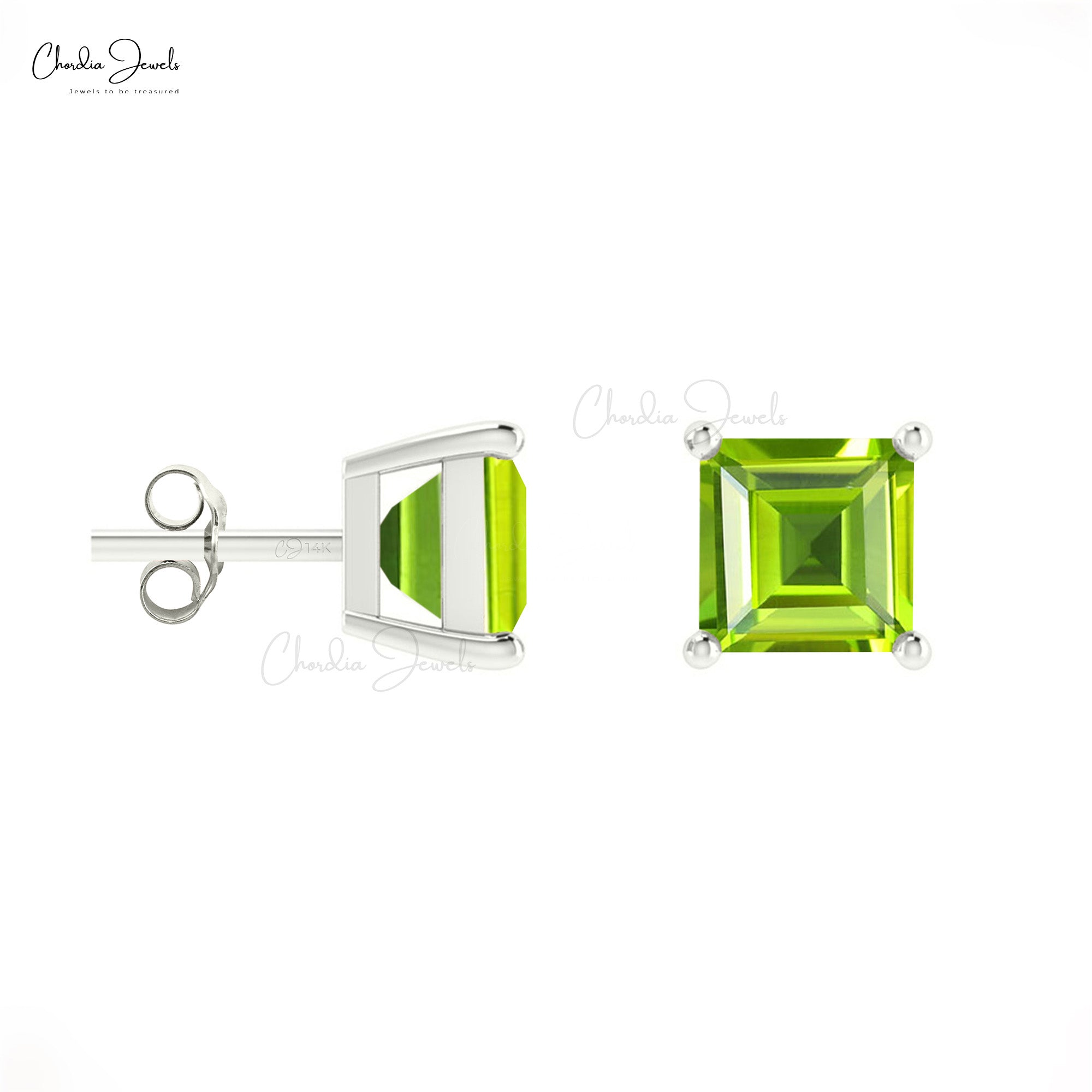 14k Solid Gold Gemstone Earrings Natural Peridot 4mm Square Cut Stud Earrrings
