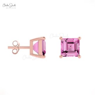 Solid 14k Gold Pink Sapphire Studs Genuine 4mm September Birthstone Earrings For Gift
