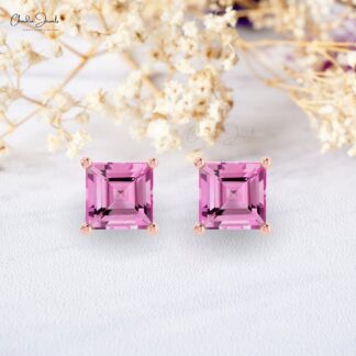 Solid 14k Gold Pink Sapphire Studs Genuine 4mm September Birthstone Earrings For Gift