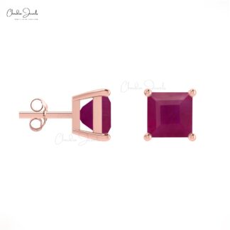 Solitaire 0.7Ct Square Ruby Gemstone Accented In 14k Solid Gold Minimal Studs