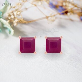 Solitaire 0.7Ct Square Ruby Gemstone Accented In 14k Solid Gold Minimal Studs
