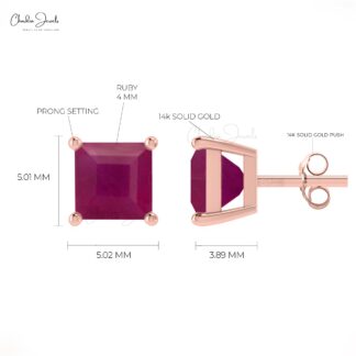 Solitaire 0.7Ct Square Ruby Gemstone Accented In 14k Solid Gold Minimal Studs
