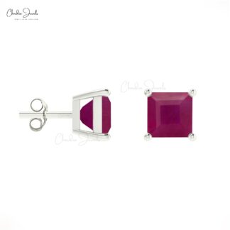 Solitaire 0.7Ct Square Ruby Gemstone Accented In 14k Solid Gold Minimal Studs