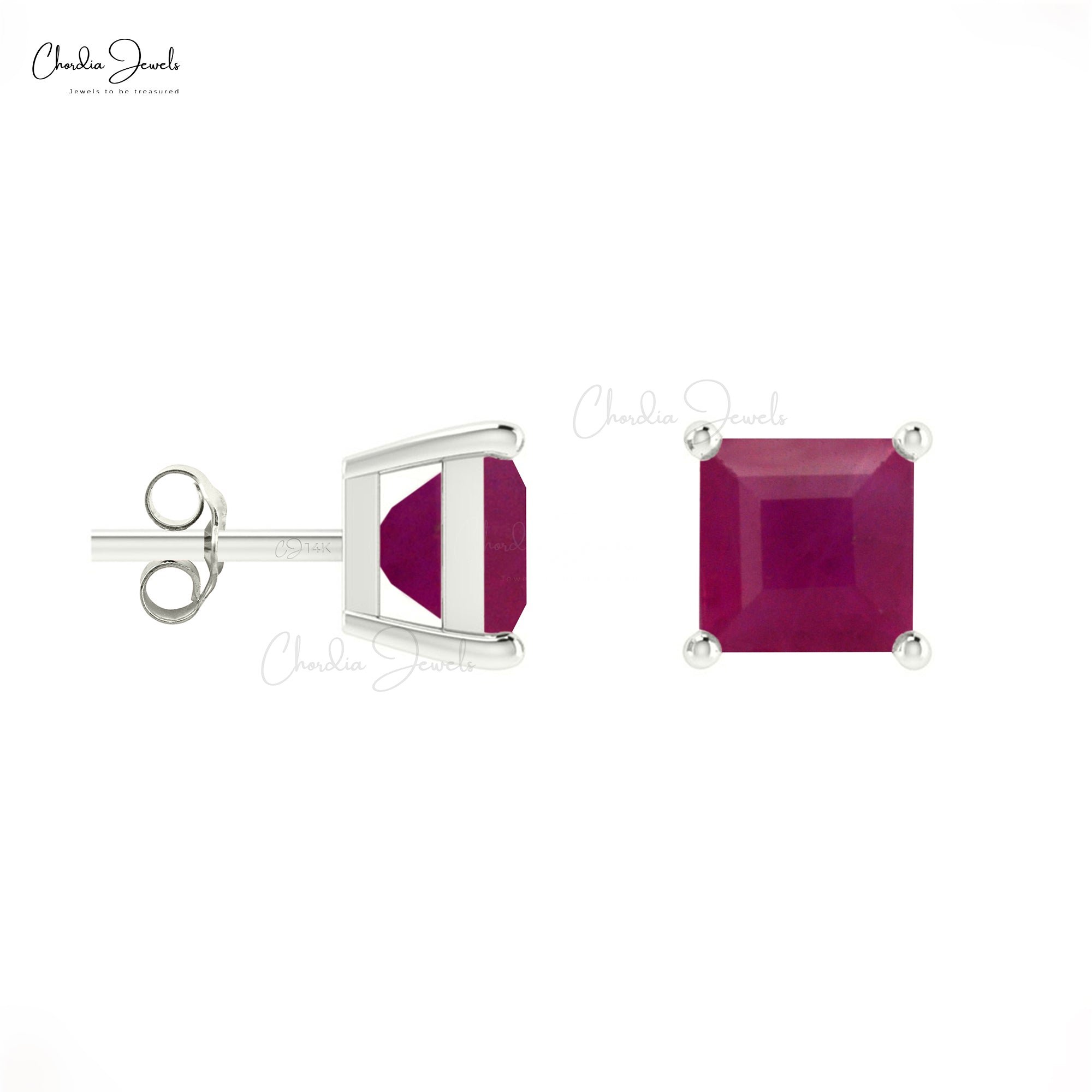 Solitaire 0.7Ct Square Ruby Gemstone Accented In 14k Solid Gold Minimal Studs