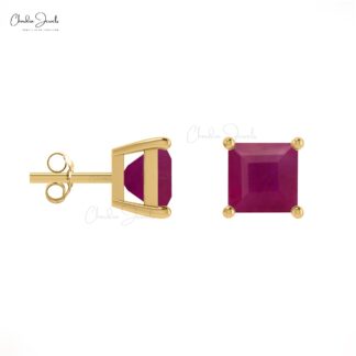 Solitaire 0.7Ct Square Ruby Gemstone Accented In 14k Solid Gold Minimal Studs
