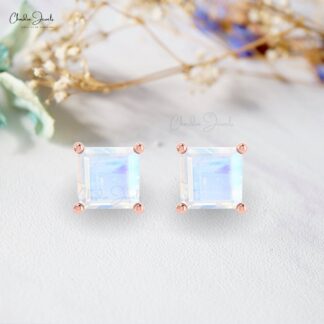 Genuine 4mm Rainbow Moonstone Solitaire Studs in 14k Solid Gold June Birthstone Earrings