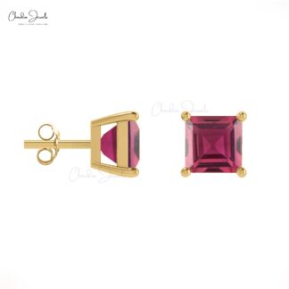 Natural Pink Tourmaline Studs Earring, 4mm Square Handmade Pink Tourmaline Studs, 14k Solid Gold Gemstone Stud Earrings Gift For Her