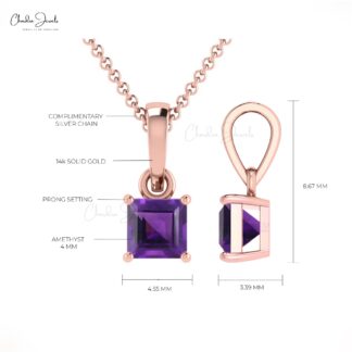 Delicate Solitaire Charm With 0.35 Ct Amethyst Prong Set In 14k Real Gold Pendant