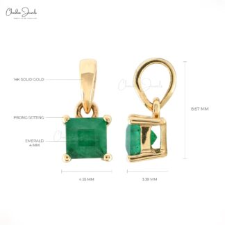 Genuine Emerald 4mm Square Pendant In 14k Yellow Gold Solitaire Light Weight Necklace