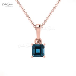 Real 14k Gold Square Charm With 0.35 Ct London Blue Topaz Dangle Pendant For Mom