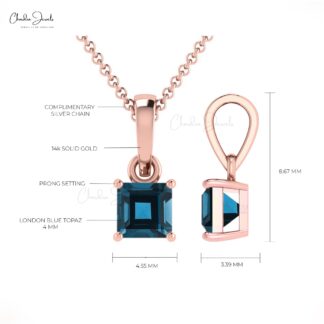 Real 14k Gold Square Charm With 0.35 Ct London Blue Topaz Dangle Pendant For Mom
