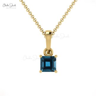 Real 14k Gold Square Charm With 0.35 Ct London Blue Topaz Dangle Pendant For Mom