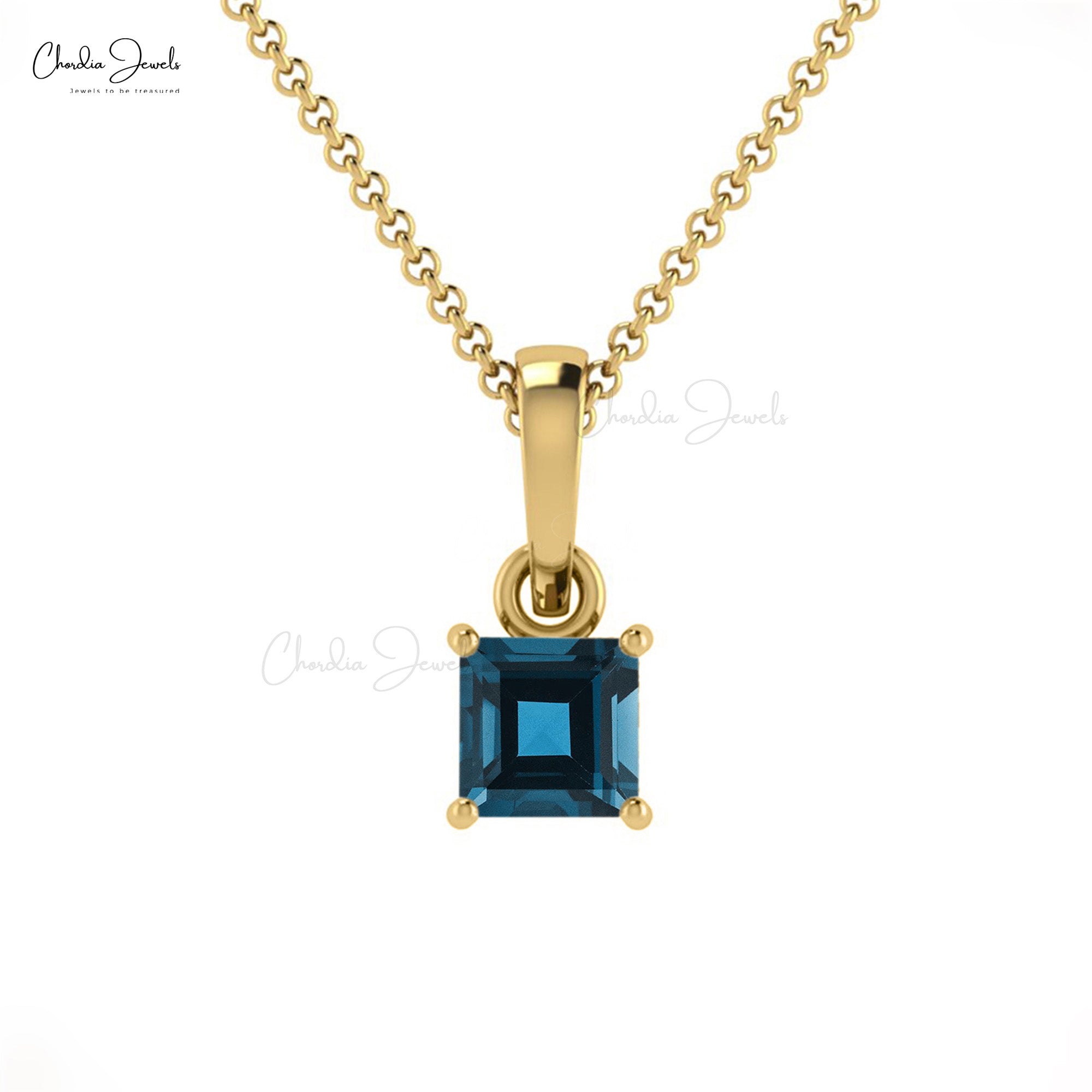Real 14k Gold Square Charm With 0.35 Ct London Blue Topaz Dangle Pendant For Mom