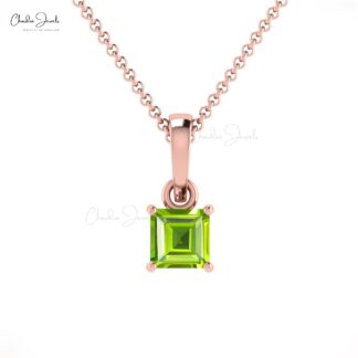 Square Gemstone Charm in 14k Solid Gold Peridot Solitaire Dangle Pendant For Her