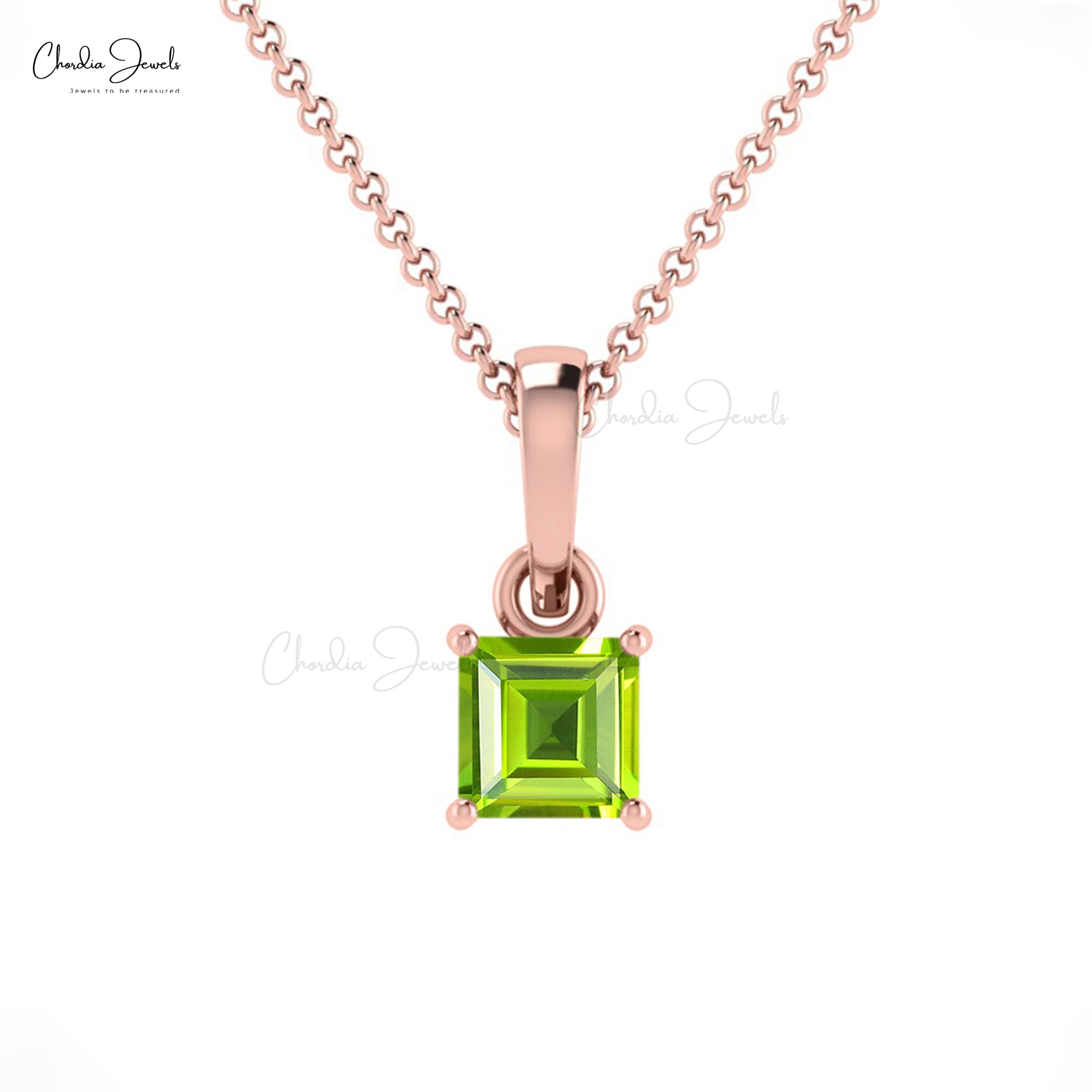 Square Gemstone Charm in 14k Solid Gold Peridot Solitaire Dangle Pendant For Her