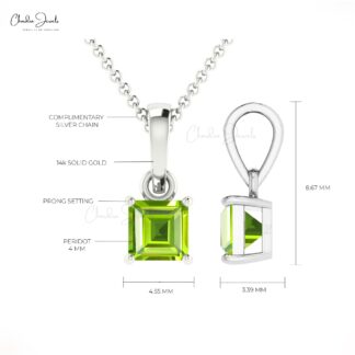Square Gemstone Charm in 14k Solid Gold Peridot Solitaire Dangle Pendant For Her