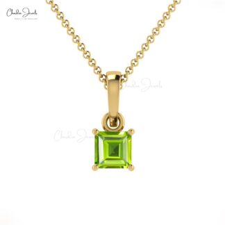 Square Gemstone Charm in 14k Solid Gold Peridot Solitaire Dangle Pendant For Her